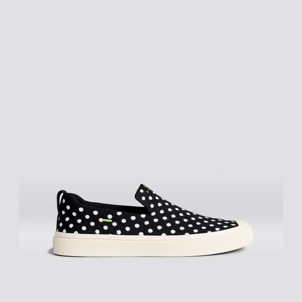 Men Cariuma Low Top Bamboo Weave Knit Vegan IBI Slip-On Black Knit White Polka Dots | 732945-IPC